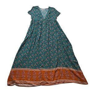 Natural Life Avery Midi Dress Women's XS/S Blue Turquoise Floral Button Up Boho